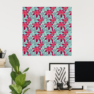 Poster Padrão Floral Rosa e Azul Sem Costura
