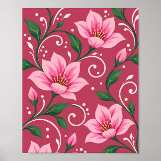 Poster Padrão Floral Rosa em Fundo Vermelho Framboesa