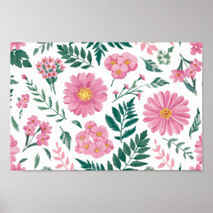 Poster Padrão Floral Rosa Vibrante com Verde Lush