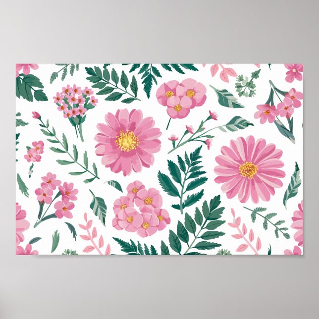 Poster Padrão Floral Rosa Vibrante com Verde Lush (Frente)