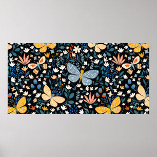 Poster Padrão floral sem costura com borboletas, desenha
