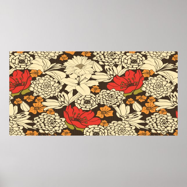 Poster Padrão Floral Sem Costura Com Flores Vermelhas (Frente)
