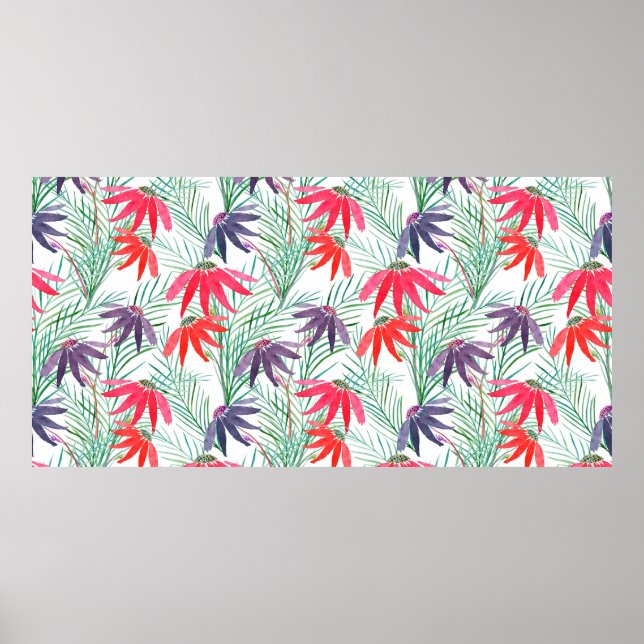 Poster Padrão floral sem costura. Flores roxas vermelhas  (Frente)