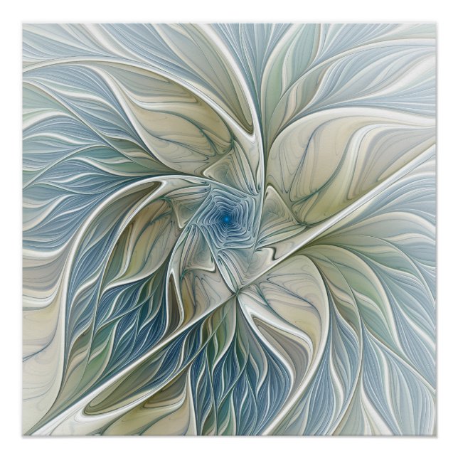 Póster Padrão Floral Sonho Abstrato Caqui Azul Fractal (Frente)