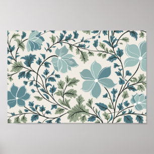 Poster Padrão Floral Teal e Verde em Fundo Creme