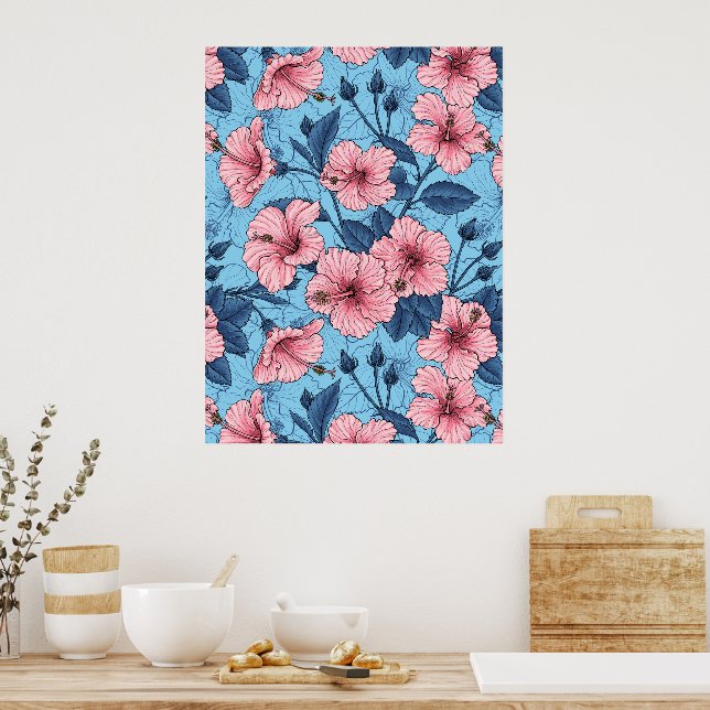 Poster Padrão Floral Tropical de Hibisco (Cozinha)