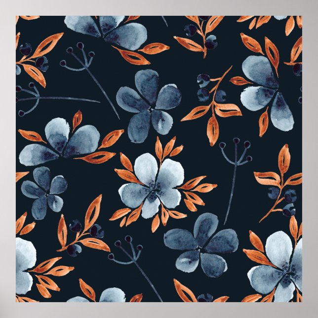 Poster Padrão floral uniforme de aquarelas com indigo flo (Frente)