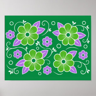 Poster Padrão Floral Verde e Roxo Decorativo