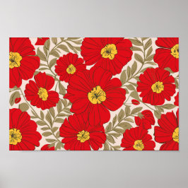 Poster Padrão Floral Vermelho Vibrante com Folhas Verde-o