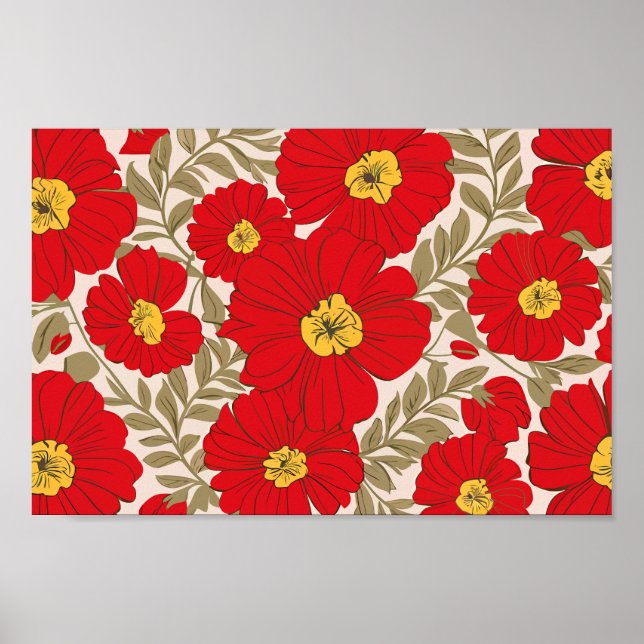 Poster Padrão Floral Vermelho Vibrante com Folhas Verde-o (Frente)
