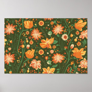 Poster Padrão Floral Vibrante com Sangue Laranja e Amarel