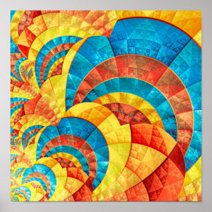 Poster Padrão Fratural Azul, Amarelo e Laranja
