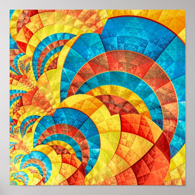 Poster Padrão Fratural Azul, Amarelo e Laranja (Frente)