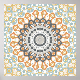 Poster Padrão Geométrico de Mandala em Laranja e Cinza Qu