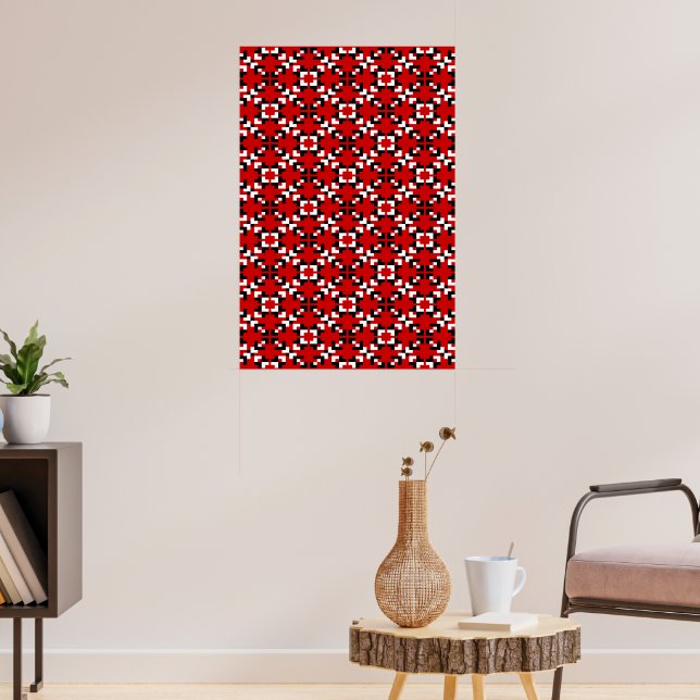 Poster Padrão geométrico de pixel vermelho, preto e branc (Sala de Estar 3)
