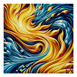 Póster Padrão Geométrico do Gelo de Fogo Amarelo Fluente