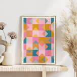 Poster Padrão geométrico em cor-de-rosa e amarelo<br><div class="desc">Uma engraçada e colorida manta geométrica molda um padrão moderno inspirado na colcha de retalhos em uma paleta colorida brilhante de cor verde,  rosa e amarelo.</div>