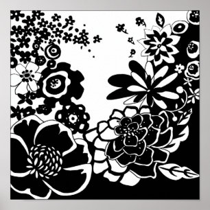 Póster Padrão Gráfico do Jardim Floral Preto e Branco