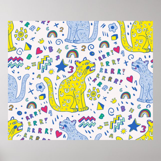 Poster padrão infantil com tigre, letras, arco-íris,  (Frente)