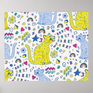 Poster padrão infantil com tigre, letras, arco-íris, núme