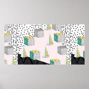 Poster padrão Memphis com elementos geométricos, em grade