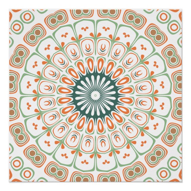 Póster Padrão Moderno de Mandala Laranja e Verde (Frente)