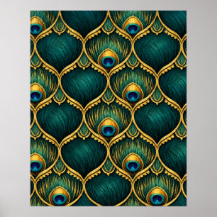 Poster Padrão Ornate de Pena de Pavão em Esmeralda e Ouro