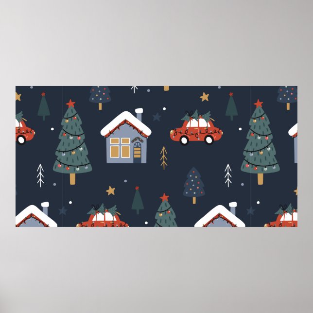 Poster Padrão perfeito de Natal com árvore de natal, carr (Frente)