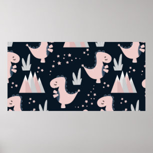 Poster Padrão perfeito e bonito com dinossauros cor-de-r