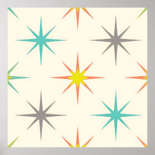 Poster Padrão Retro Starburst de Meados do Século
