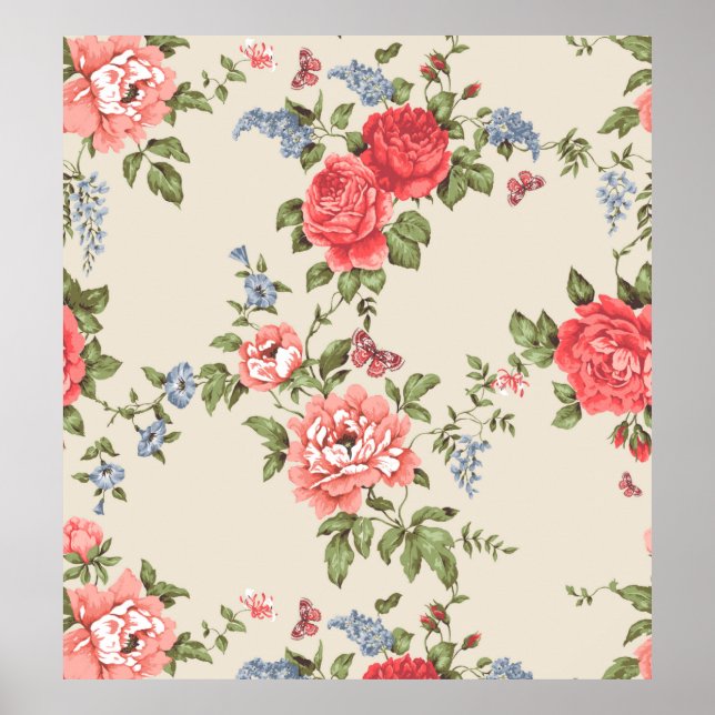 Poster PADRÃO rosa vermelha SEM COSTURA COM CINTOS AZUISs (Frente)