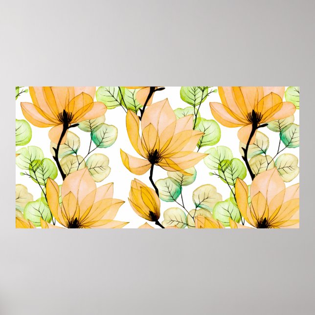 Poster Padrão sem costura aquarela com flores magnólias  (Frente)