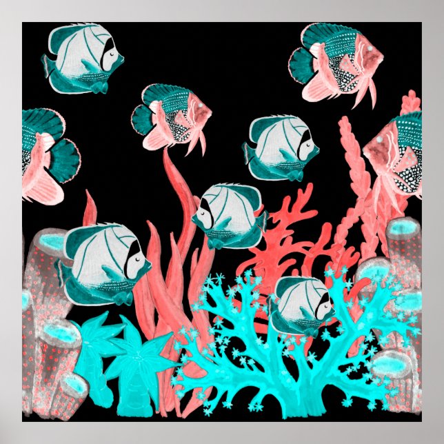 Poster Padrão sem costura aquarelas com peixe exótico em  (Frente)