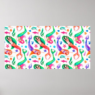 Poster Padrão sem costura aquarelas com sereias, martelo