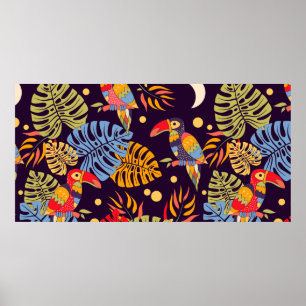 Poster Padrão sem costura colorida, aves exóticas e pla