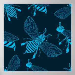 Poster Padrão sem costura com abelhas desenhadas à mão. F