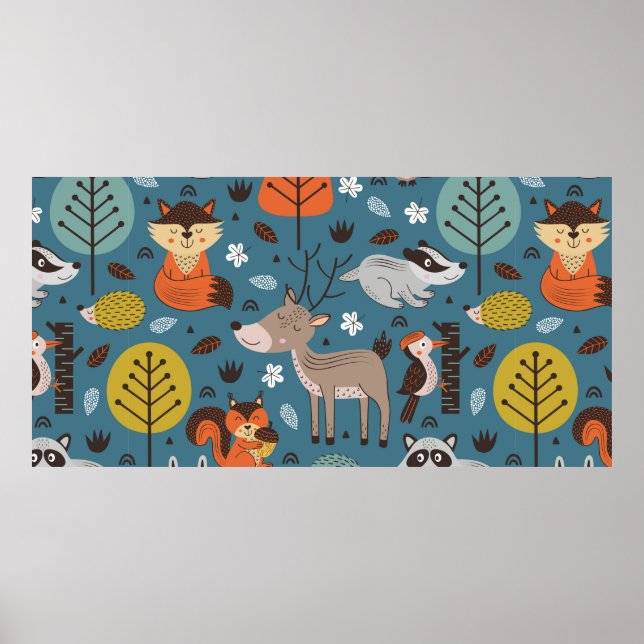 Poster Padrão sem costura com animais da floresta em fund (Frente)