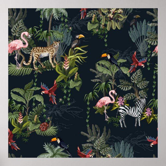Poster Padrão sem costura com animais da selva, flores e (Frente)