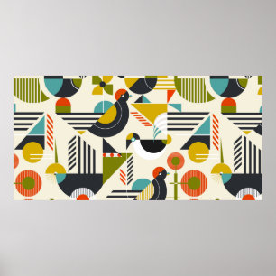 Poster Padrão sem costura com aves estilizadas em retro 