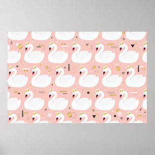 Poster Padrão sem costura com cisnes brancas bonitinhas. 
