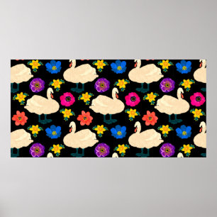 Poster Padrão sem costura com cisnes e flores, desenhar 