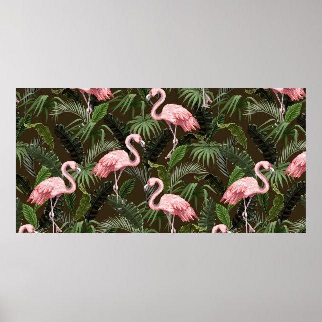 Poster Padrão sem costura com flamingo e folhas tropicais (Frente)