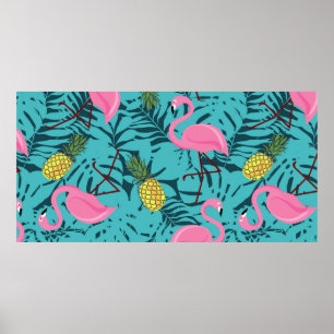 Poster Padrão sem costura com flamingos cor-de-rosa e cor