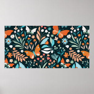 Poster Padrão sem costura com flores e borboletas