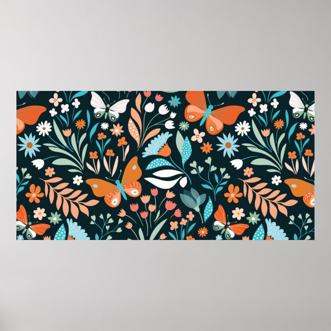 Poster Padrão sem costura com flores e borboletas (Frente)