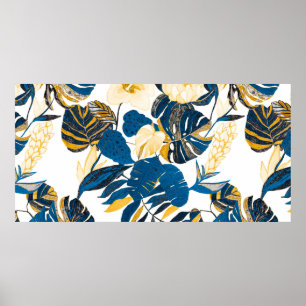 Poster Padrão sem costura com folhas e flores tropicais