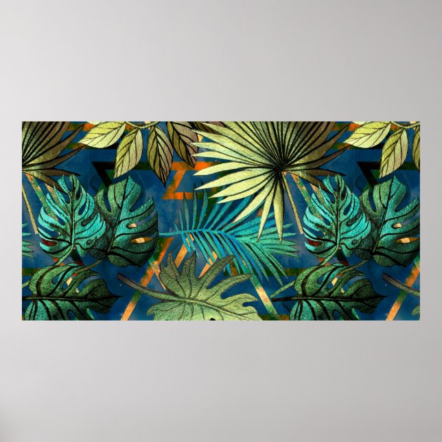 Poster Padrão sem costura com folhas tropicais e geometri (Frente)