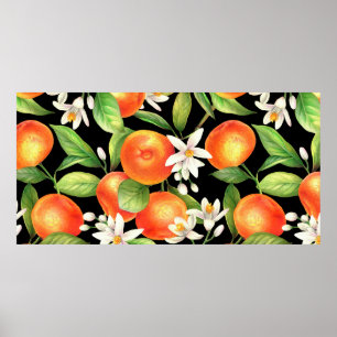 Poster Padrão sem costura com frutas de laranja, flores e