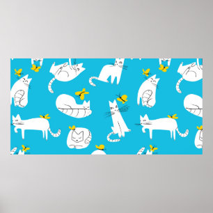 Poster Padrão sem costura com gatos engraçados brincando 