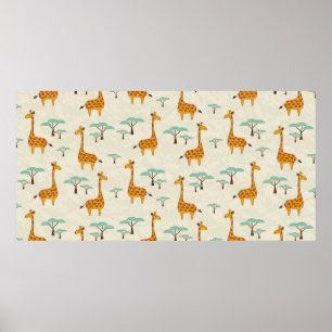 Poster Padrão sem costura com girafas e árvores fofinhas,